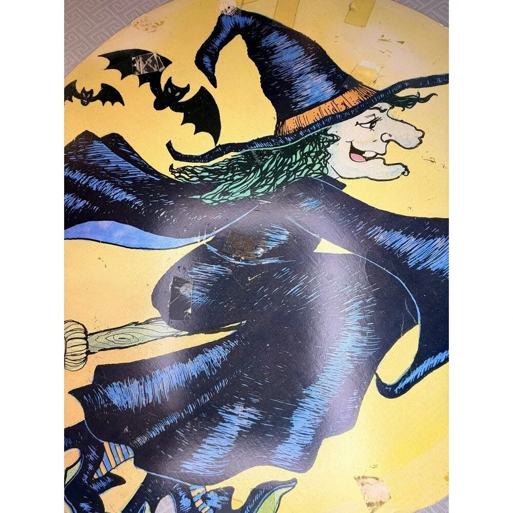 Vintage Eureka Halloween Witch on Broomstick & Bats Die-Cut Decor Cardboard Sign